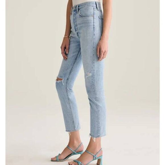 Agolde Riley High Rise Straight Crop in Shatter Button Fly Destroyed Jeans - Picture 10 of 15